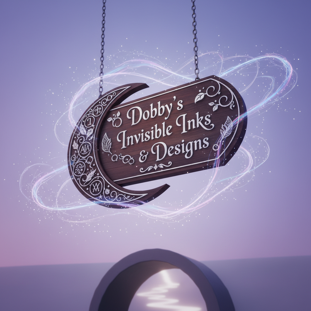 A whimsical storefront sign for “Dobby’s Invisible Inks & Designs” floating above an unseen door, carved from dark moonwood and inlaid with silver filigree that shimmers like starlight. The engraved lettering curls playfully, with tiny illustrated leaves, feathers, and elemental sigils tucked into the flourishes. Around the sign, invisible wind currents are revealed by glittering motes and faint glowing ink trails dancing in the air. Soft twilight lighting with a lavender-blue sky behind it creates a gentle halo around the sign. Composed at eye level with a slight upward tilt, this fantasy-art scene feels welcoming, mysterious, and full of mischievous magick, perfect for a witchy shop brand image.