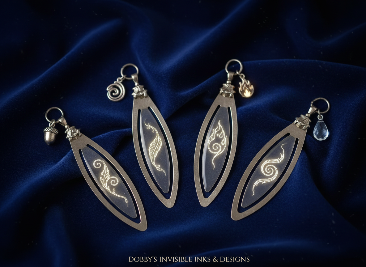 A product hero scene for elemental-themed bookmarks and charms from Dobby’s Invisible Inks & Designs. Four bookmarks made of recycled metal and pressed plant resin rest on a velvety midnight blue cloth. Each bookmark bears a different softly glowing sigil—leaf for earth, feather swirl for air, flame curl for fire, and wave spiral for water—with delicate lines that seem written in invisible ink revealed only by the light. Tiny dangling charms shaped like acorns, clouds, embers, and droplets hang from the tops. Soft, focused studio lighting from above highlights metallic edges and translucent resin, while the background falls into deep, velvety shadow. Shot at a slightly oblique angle in polished fantasy-art style, the mood is elegant, arcane, and delightfully whimsical.