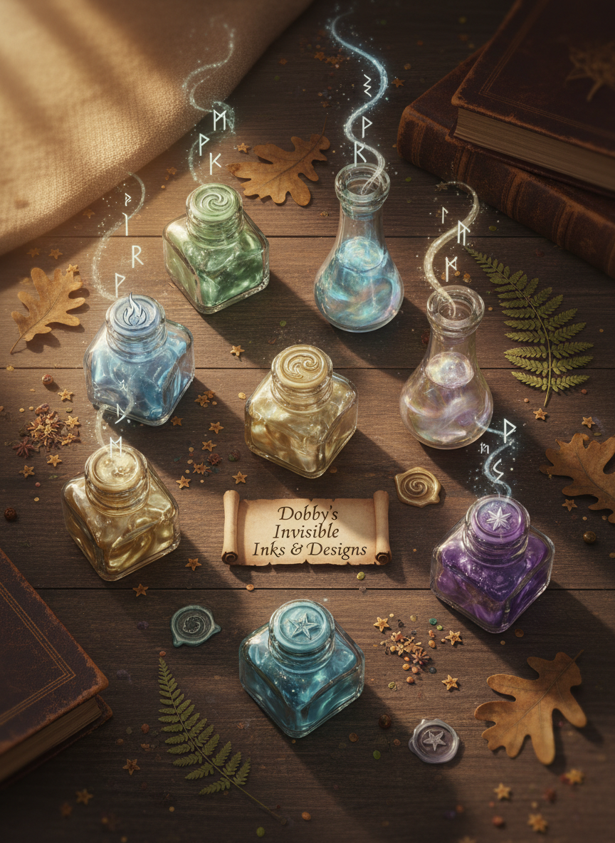 An enchanting product flat lay for “Dobby’s Invisible Inks & Designs”: a collection of glass ink bottles with swirling, semi-transparent, iridescent liquids that seem to glow from within, each sealed with wax stamped with tiny elemental symbols. They rest on a weathered wooden counter dusted with star-shaped herbs and pressed leaves. Soft golden hour light pours in from the left, catching glints of shimmer and casting elongated, playful shadows. Wisps of illustrated, translucent runes curl above the open bottles as if the ink itself is whispering spells. Shot from a bird’s eye view with a gentle fantasy-art aesthetic, the background subtly blurs at the edges, creating a dreamy, inviting mood that feels both cozy and magical.