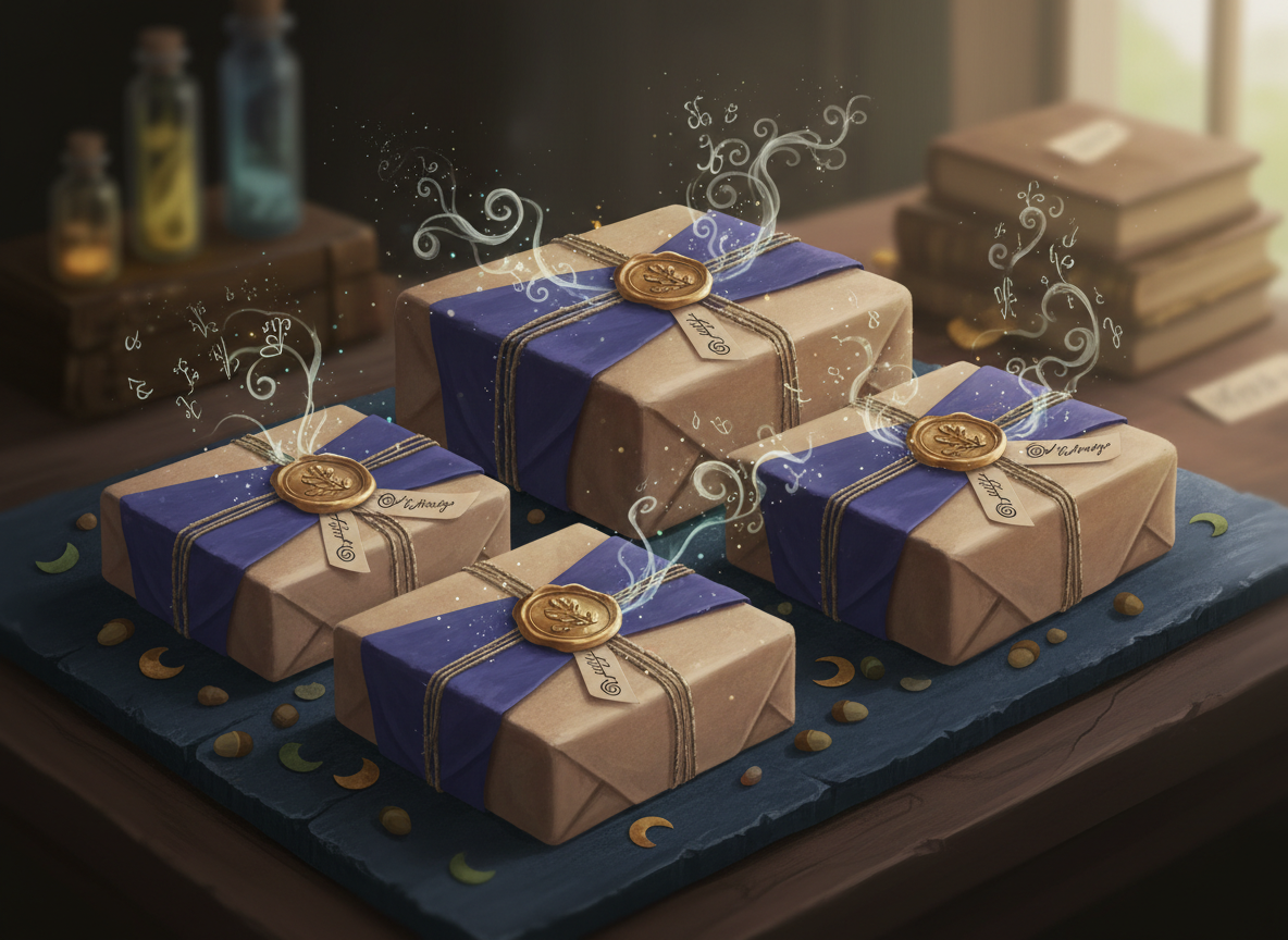 A magical packaging scene for Dobby’s shop orders: neatly wrapped parcels in textured kraft paper and deep indigo tissue, each tied with twine that subtly glows like captured starlight. Wax seals display an emblem combining a quill, leaf, and tiny elemental swirl. Around the packages, transparent ink sigils drift like soft smoke, hinting at protective spells. The parcels rest on a slate tabletop scattered with biodegradable confetti shaped like moons and acorns. Soft, diffused afternoon light filters in from the right, illuminating the subtle metallic inks printed on the labels. Shot at a three-quarter angle in a whimsical fantasy-art style, with a shallow depth of field, the mood is delightfully anticipatory, eco-conscious, and infused with gentle magick.