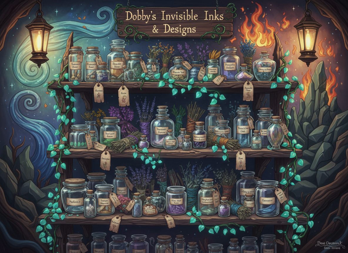 A whimsical shelf display inside a witchy shop, filled with handcrafted items from Dobby’s Invisible Inks & Designs. Tiered wooden shelves hold mismatched glass jars of invisible inks labeled with handwritten tags, bundles of ethically sourced herbs tied in colorful threads, and tiny corked vials of glimmering powder. A vine with small, bioluminescent leaves weaves through the shelves, its glow illuminating product labels. Behind, a hand-painted mural of swirling elements—wind, water, flame, and stone—adds a dreamy backdrop. Warm, overhead lantern light combines with the soft glow from the vine, creating cozy highlights and gentle, overlapping shadows. Captured from an eye-level, slightly angled view in lush fantasy-art style, the composition feels abundant, inviting, and playfully arcane.