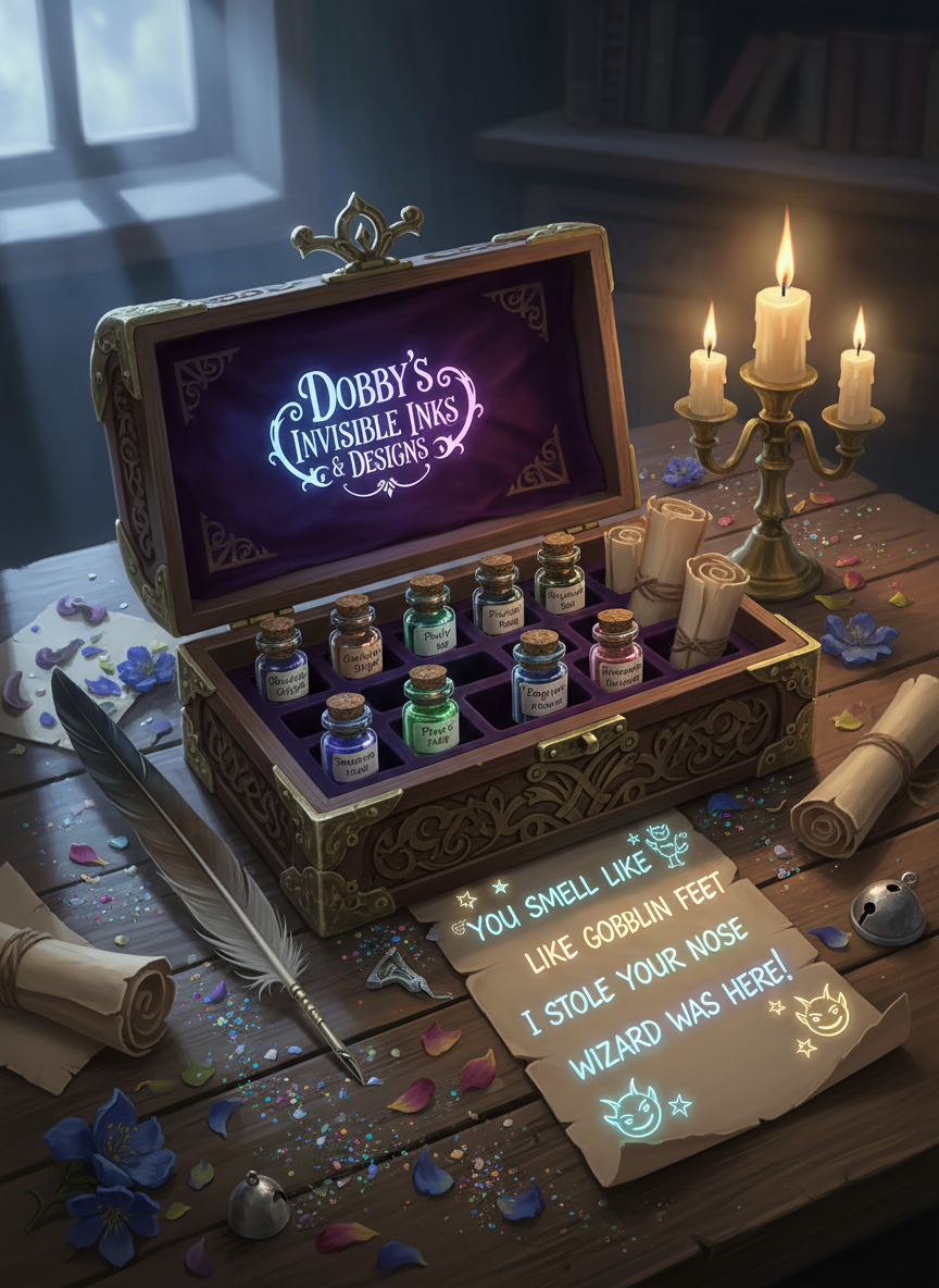 A niche product scene highlighting a mischievous “prank” invisible ink kit from Dobby’s Invisible Inks & Designs. A small, ornate wooden box sits open on a cluttered desk, revealing neatly arranged bottles labeled with playful names, a delicate quill, and parchment with already-written messages that appear blank at first glance. As if caught mid-enchantment, portions of the text glow faintly in shifting colors, revealing cheeky, harmless spells and doodles. Scattered around are glittery crumbs, dried flower petals, and a tiny bell charm. The setting is lit with a mix of cool moonlight from a small unseen window and warm candlelight, creating a dynamic interplay of shadows. Captured from a close, slightly elevated angle in vibrant fantasy-art style, the atmosphere feels impish, fun, and irresistibly magical.
